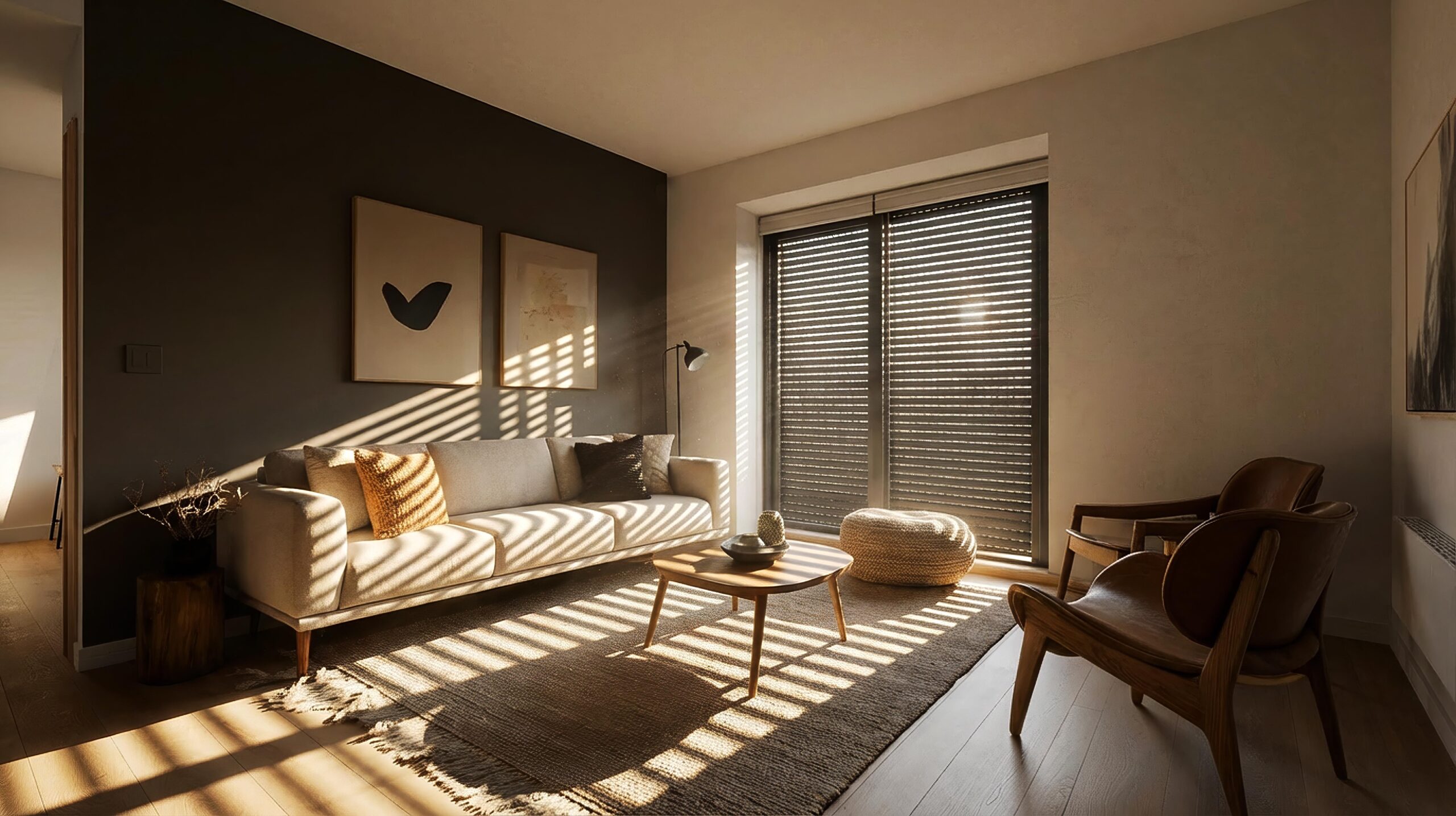 Modern living room with beige sofa, wooden chairs, abstract art, large windows, and natural light